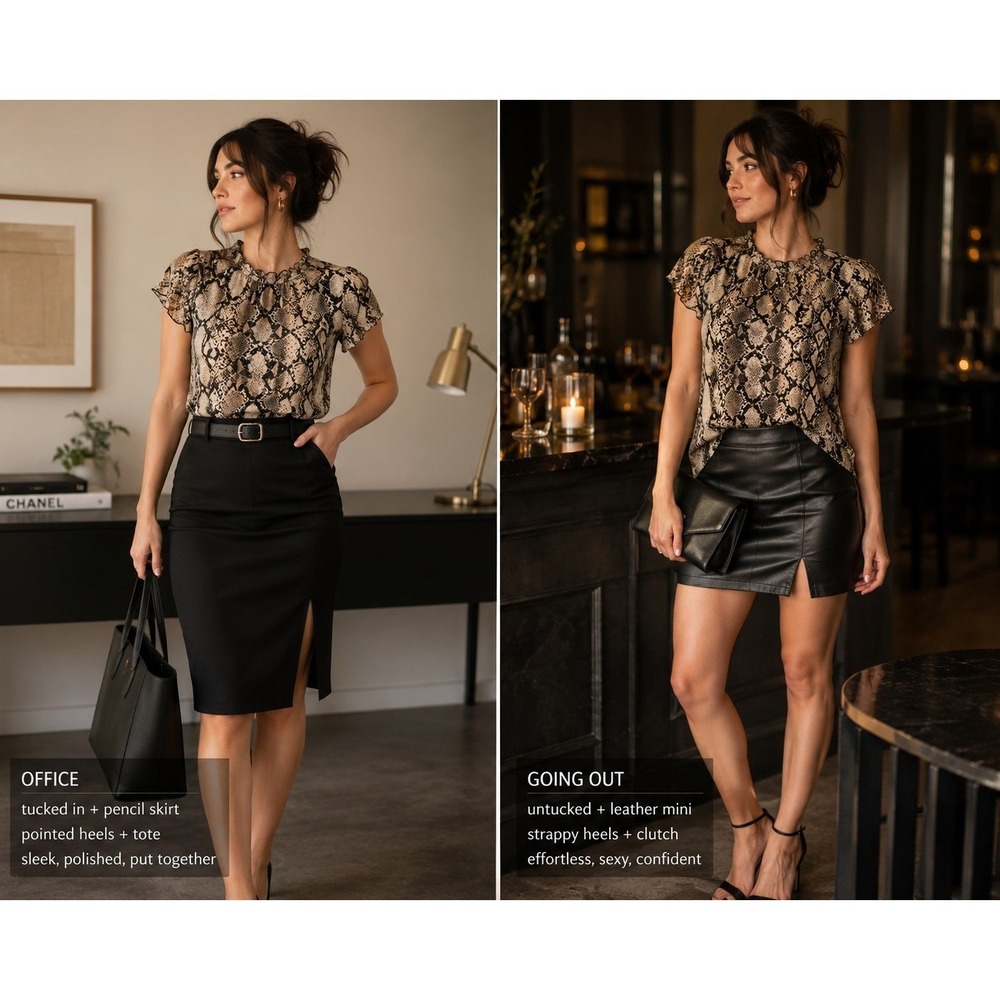 Express‎ Womens Y2K Chic Sheer Snakeskin Print Top XS Ruffle Office Going Out